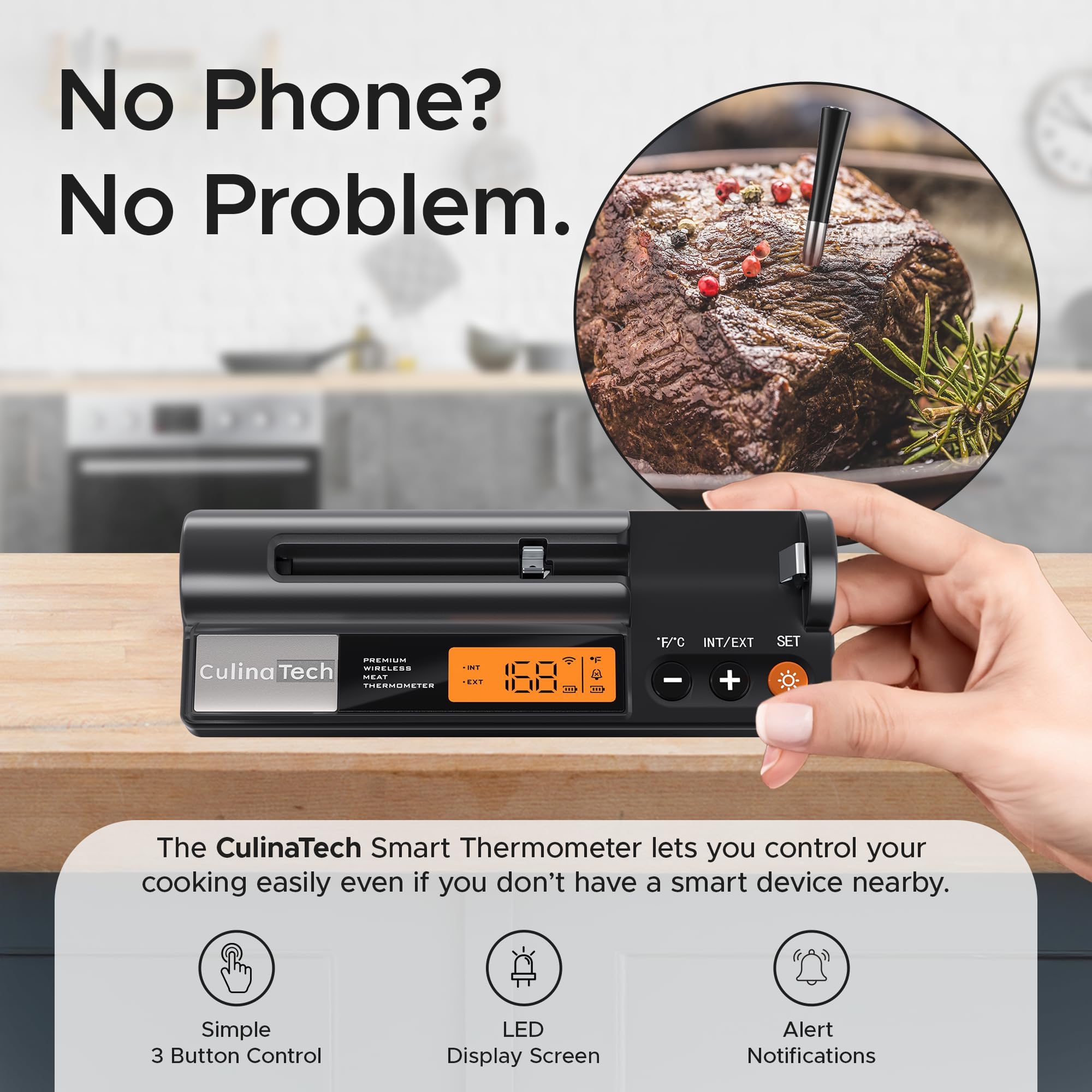CulinaTech booster LCD screen for quick temperature reads.