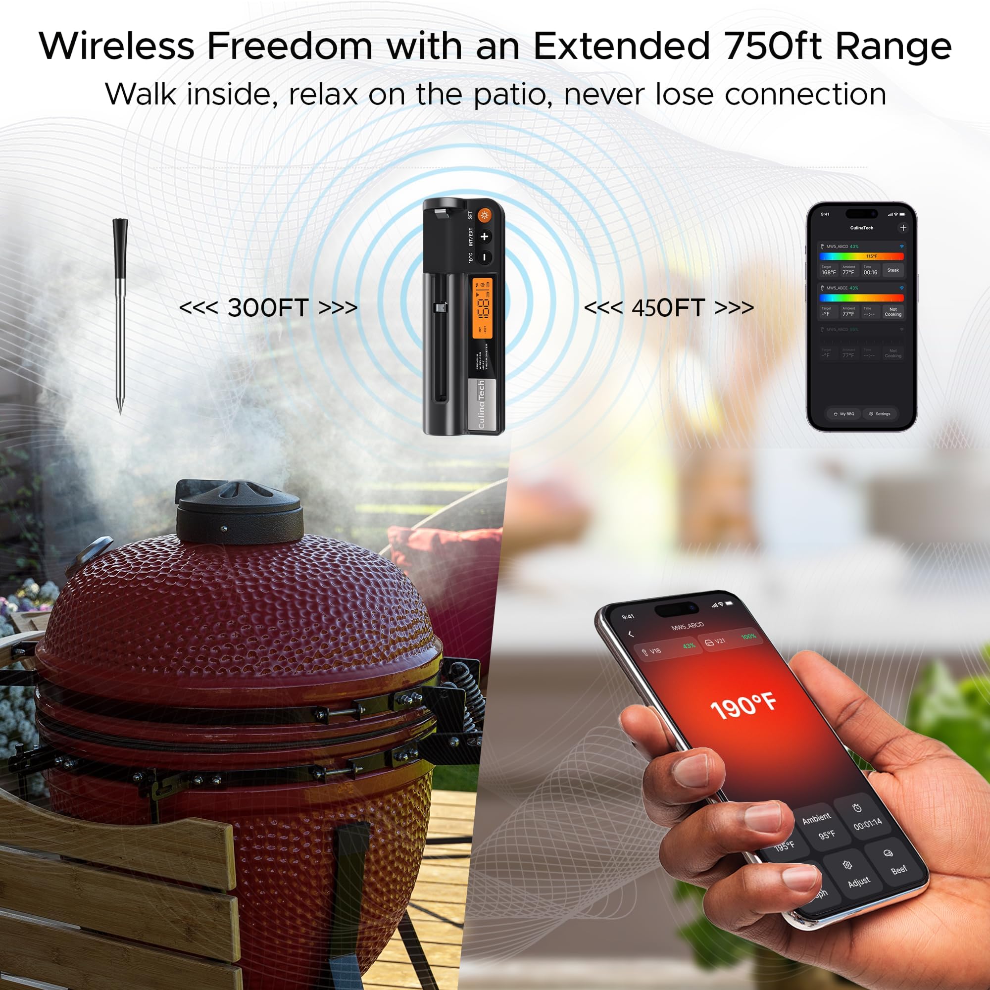 CulinaTech wireless meat probe for easy oven and grill use.