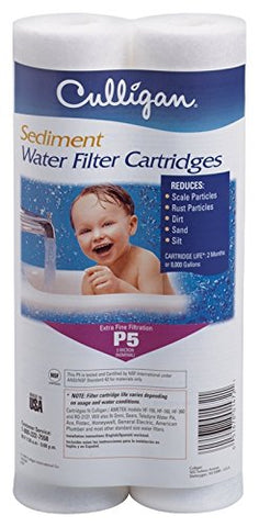 Culligan P5 filter shows rust and dirt reduction for cleaner taps.