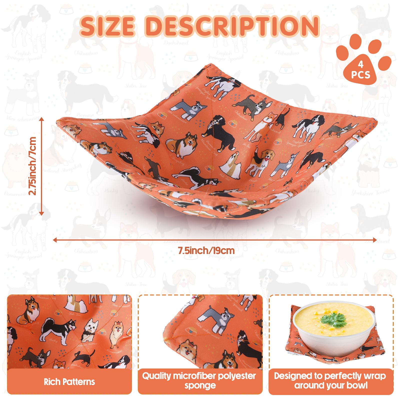 Cunhill 4-pack dog-pattern bowl holders keep hands safe when removing hot bowls