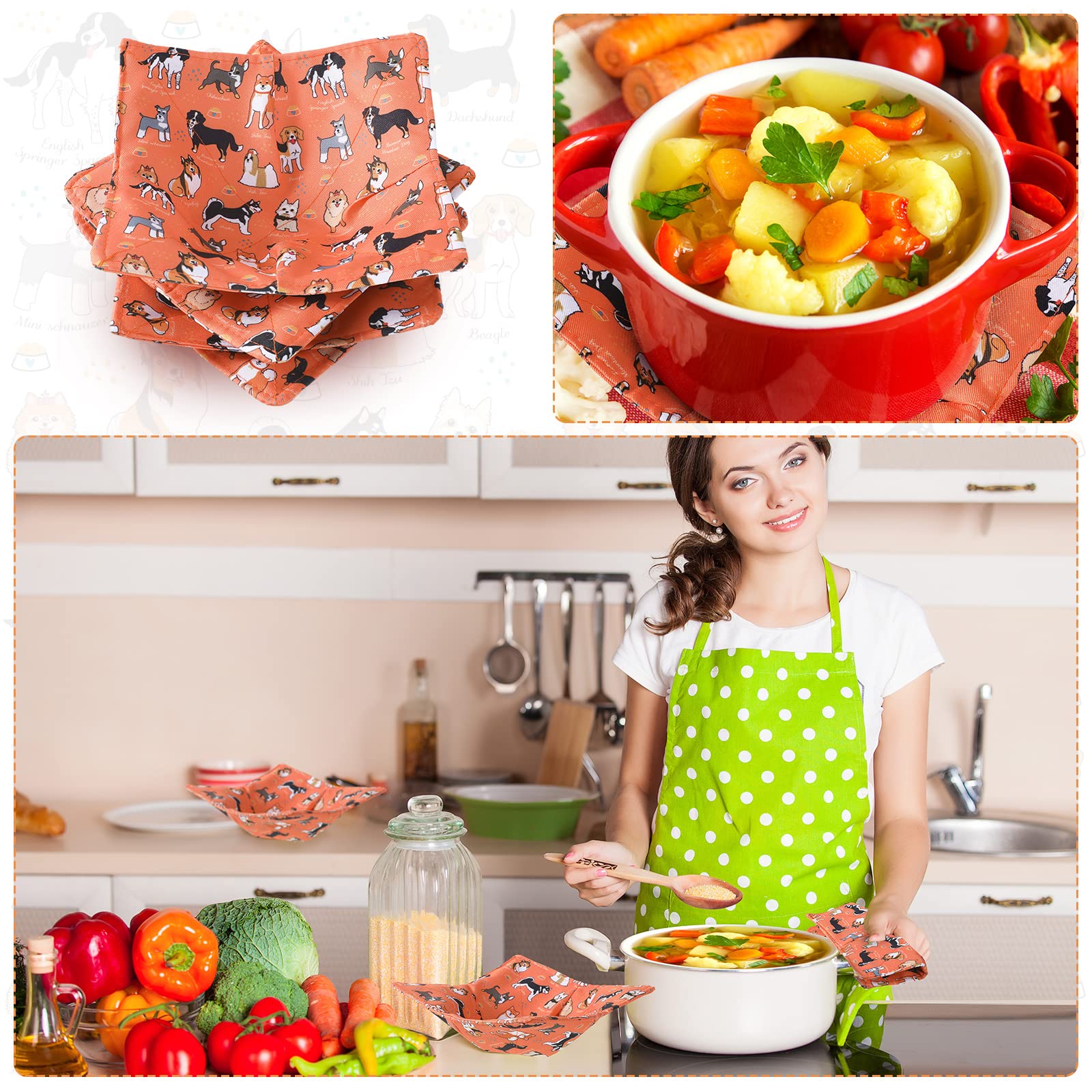 Cunhill orange dog-pattern bowl cozy protects counters during prep