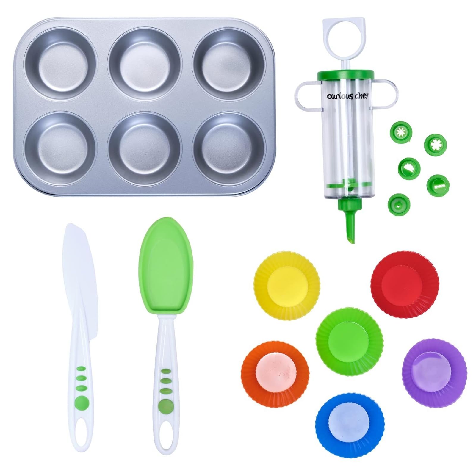 Curious Chef Kids Cupcake Kit pan supports safe, colorful baking for young bakers