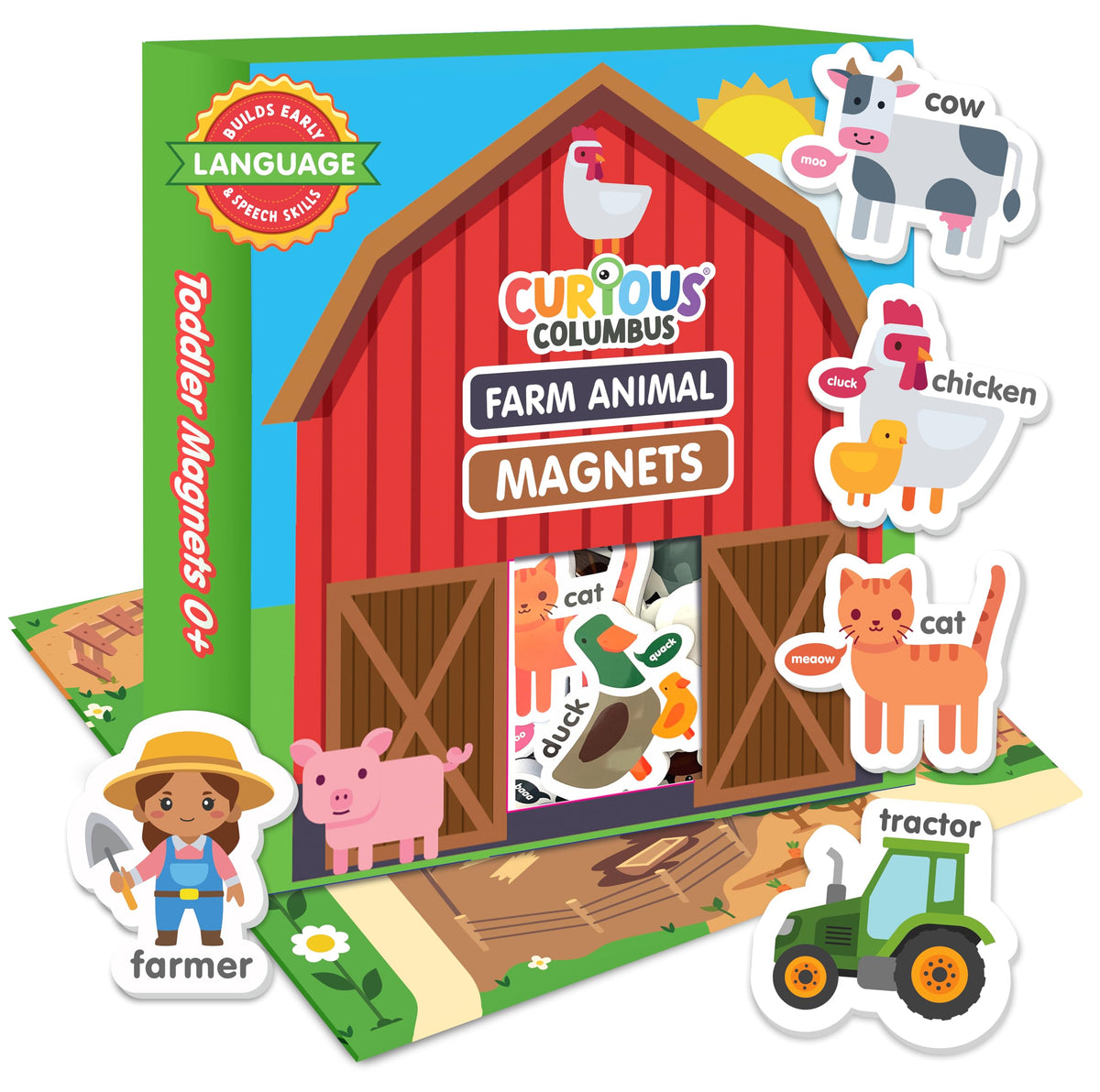 Curious Columbus farm magnets dog with engaging learning prompt for toddlers