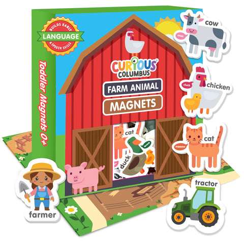 Curious Columbus farm magnets dog with engaging learning prompt for toddlers