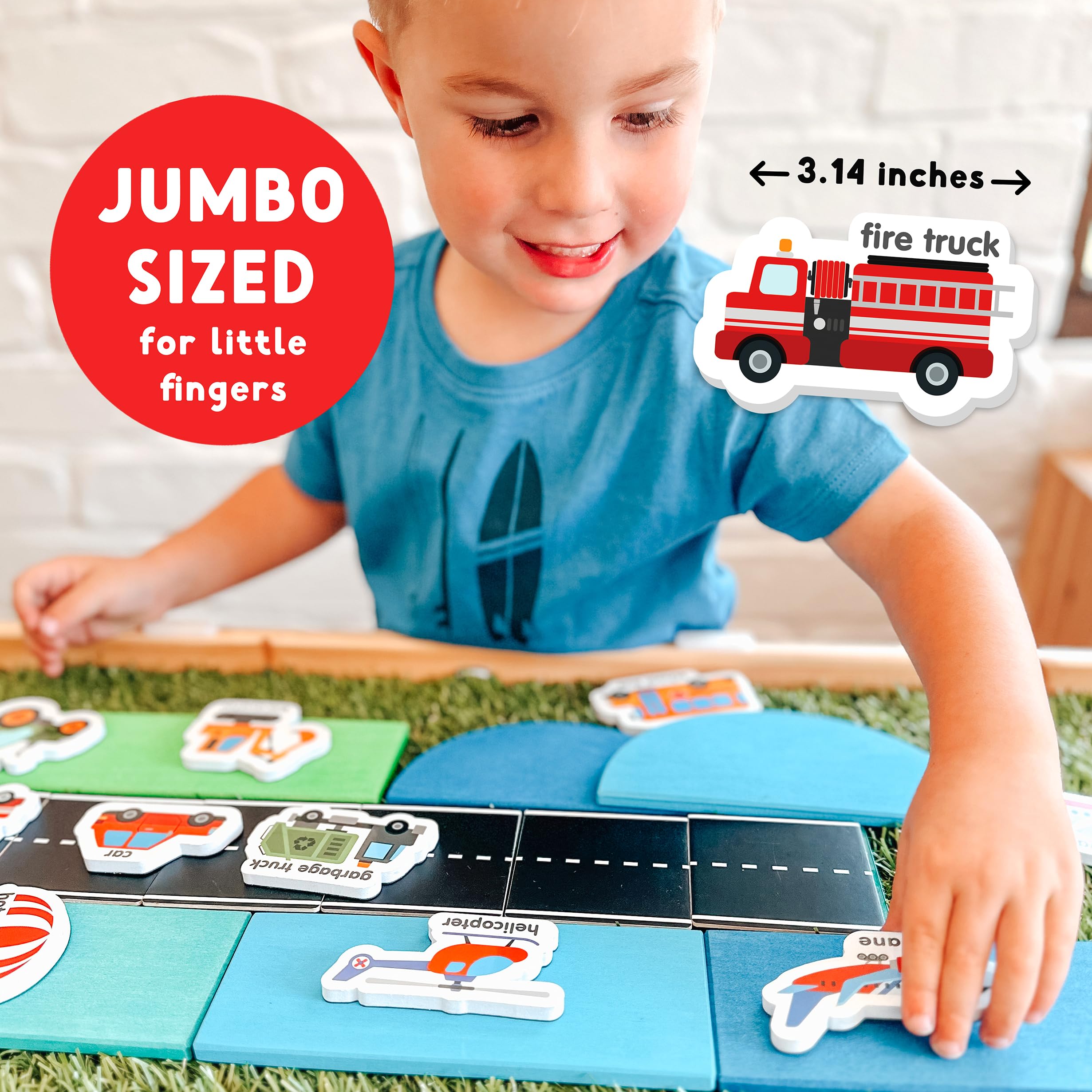 Curious Columbus toddler learning set encourages exploration from fridge to town.