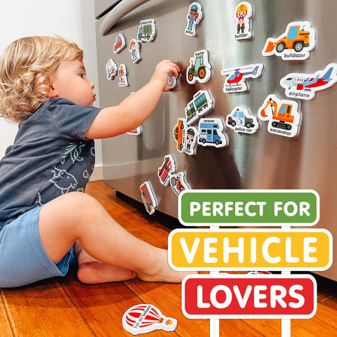 Curious Columbus magnets collection showcases bright vehicle pictures for visual recognition.