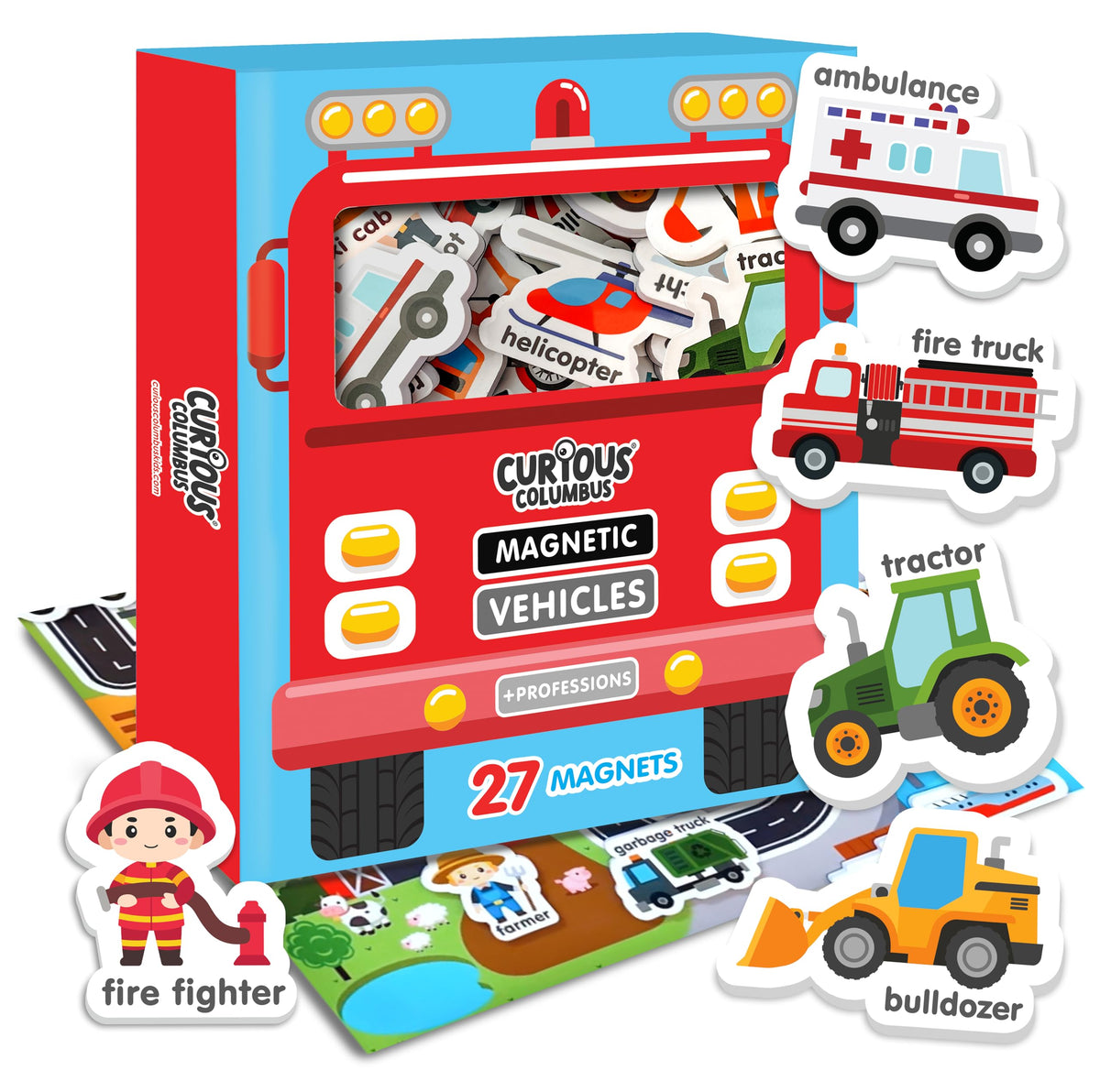 Curious Columbus vehicles magnets on fridge support early learning and pretend play.