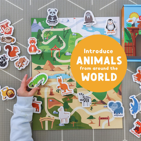 Curious Columbus lemur magnet engages toddlers in pretend habitat exploration and storytelling.