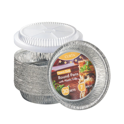 CURTA 7-inch round foil pan with clear lid, ideal for baking and meal prep.
