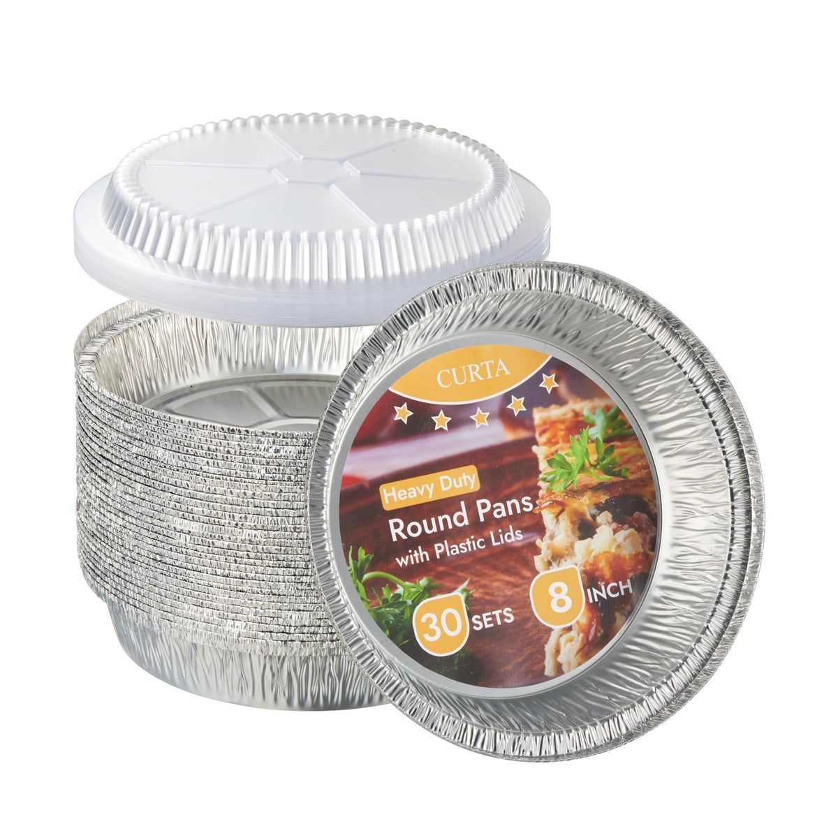 CURTA 8in round foil pan with clear lid for easy visibility and meal prep.