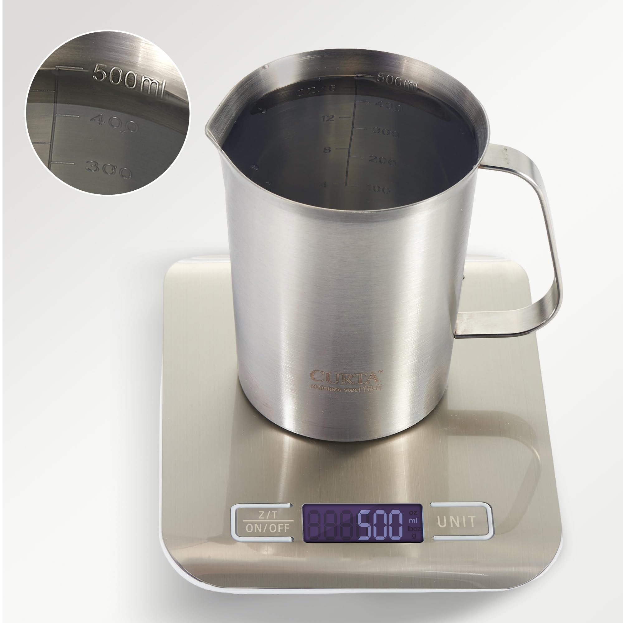 CURTA measuring cup shows engraved oz and ml for accurate measurements.