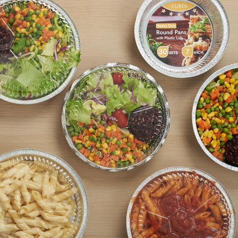 CURTA round aluminum foil pan for baking and storing leftovers.