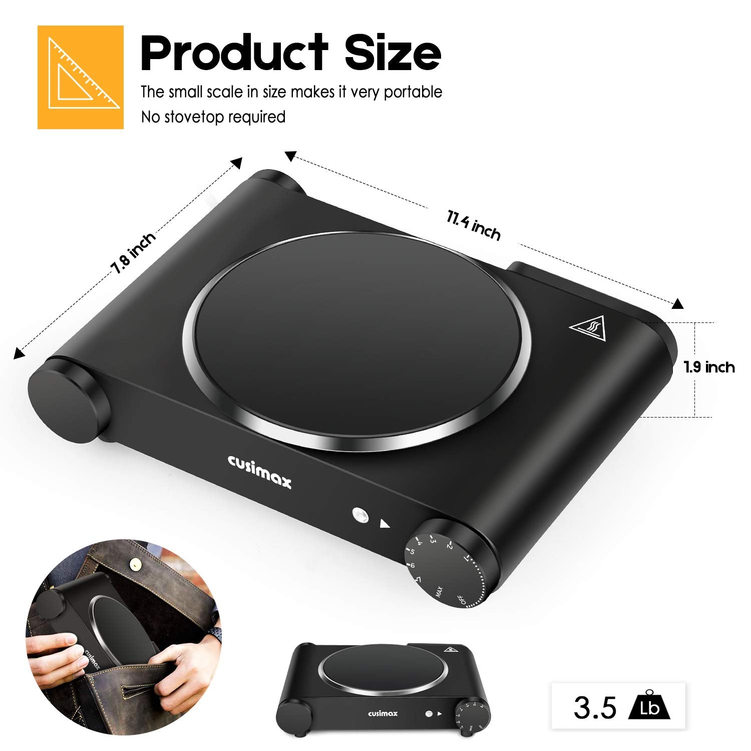 Cusimax 1200W infrared burner heats sauces in seconds.