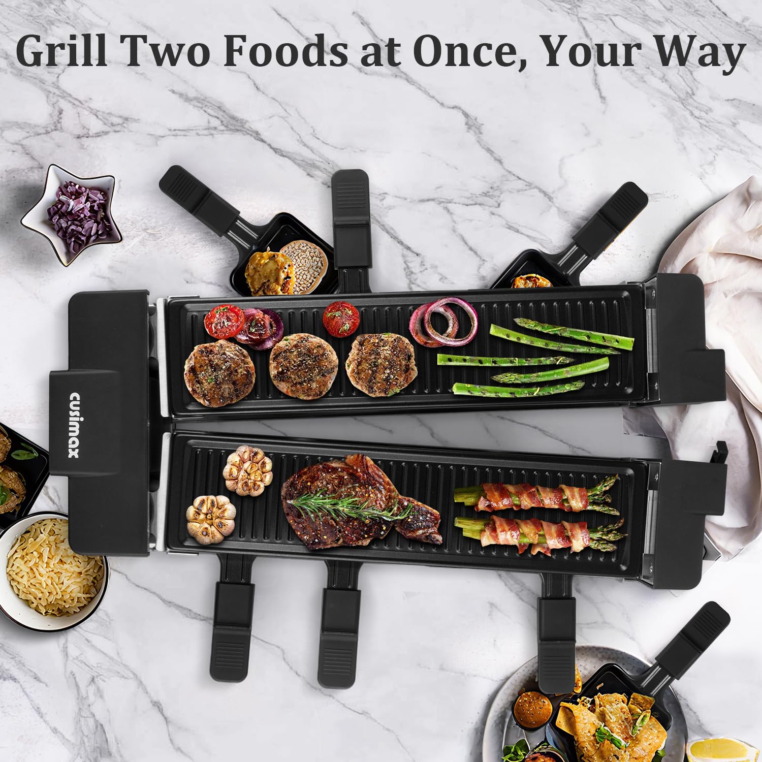 CUSIMAX Raclette Grill with two independent plates for versatile cooking