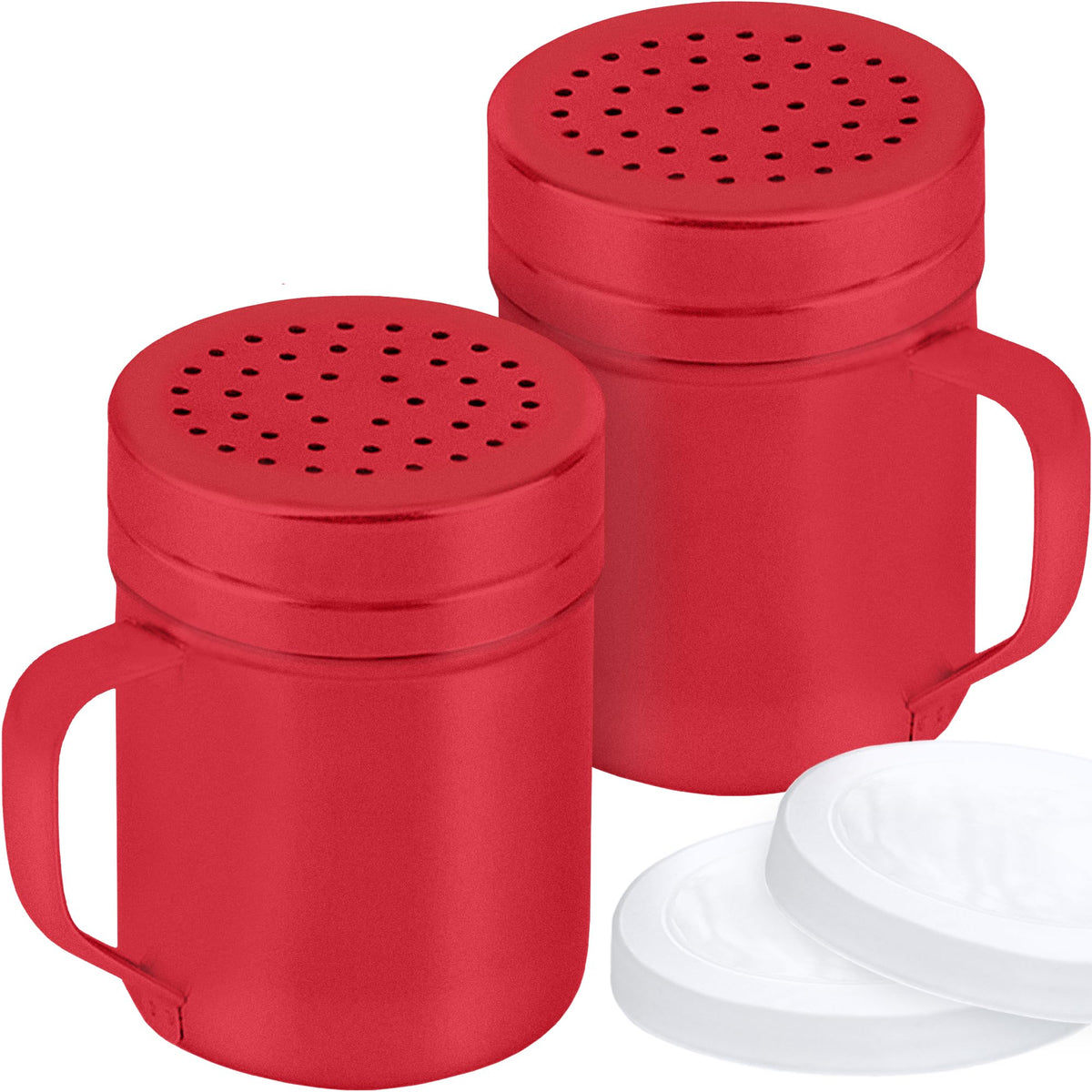 CUSINIUM red stainless steel dredge with handle on kitchen counter