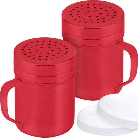CUSINIUM red stainless steel dredge with handle on kitchen counter