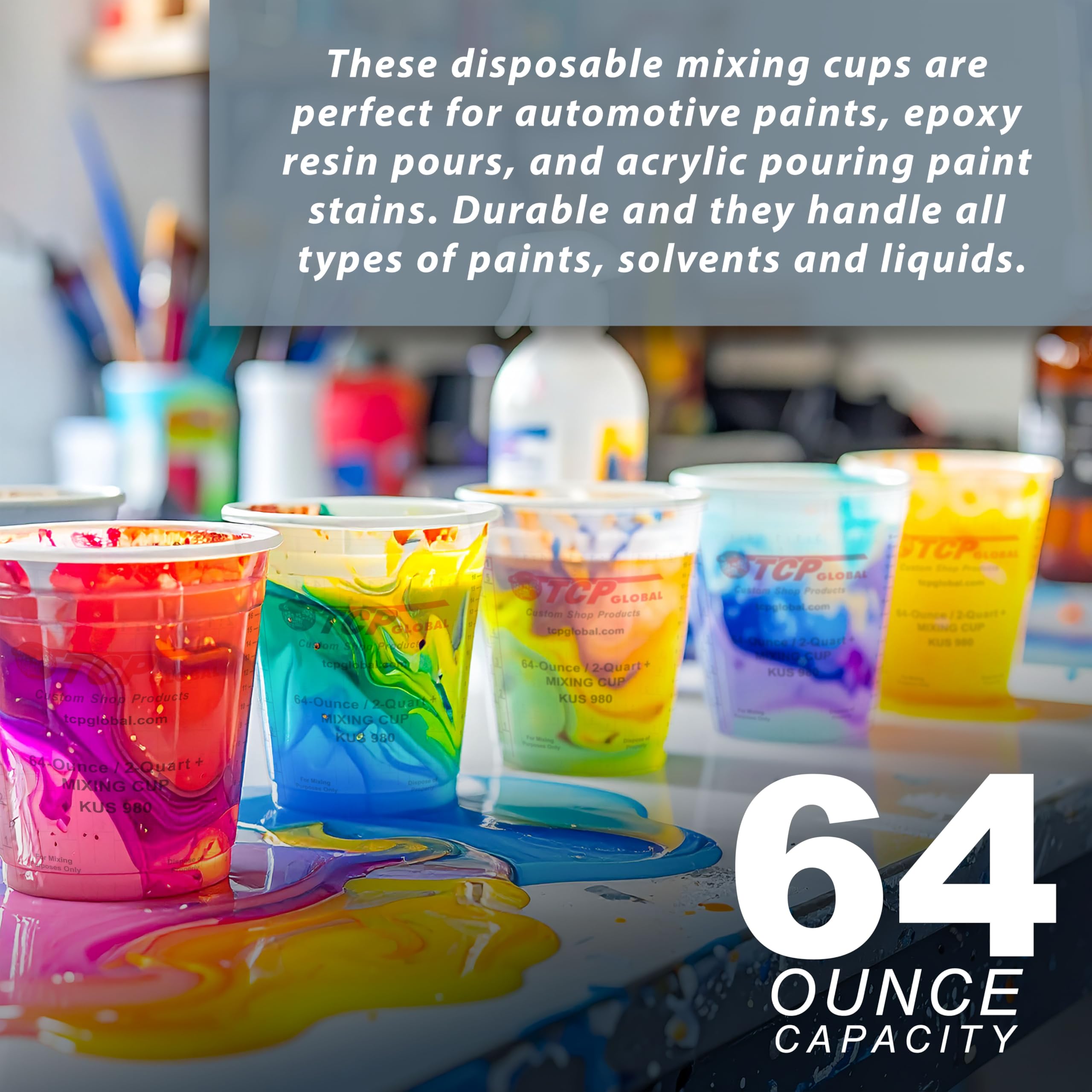 Custom Shop ratio scales on cups enable accurate epoxy resin mixing