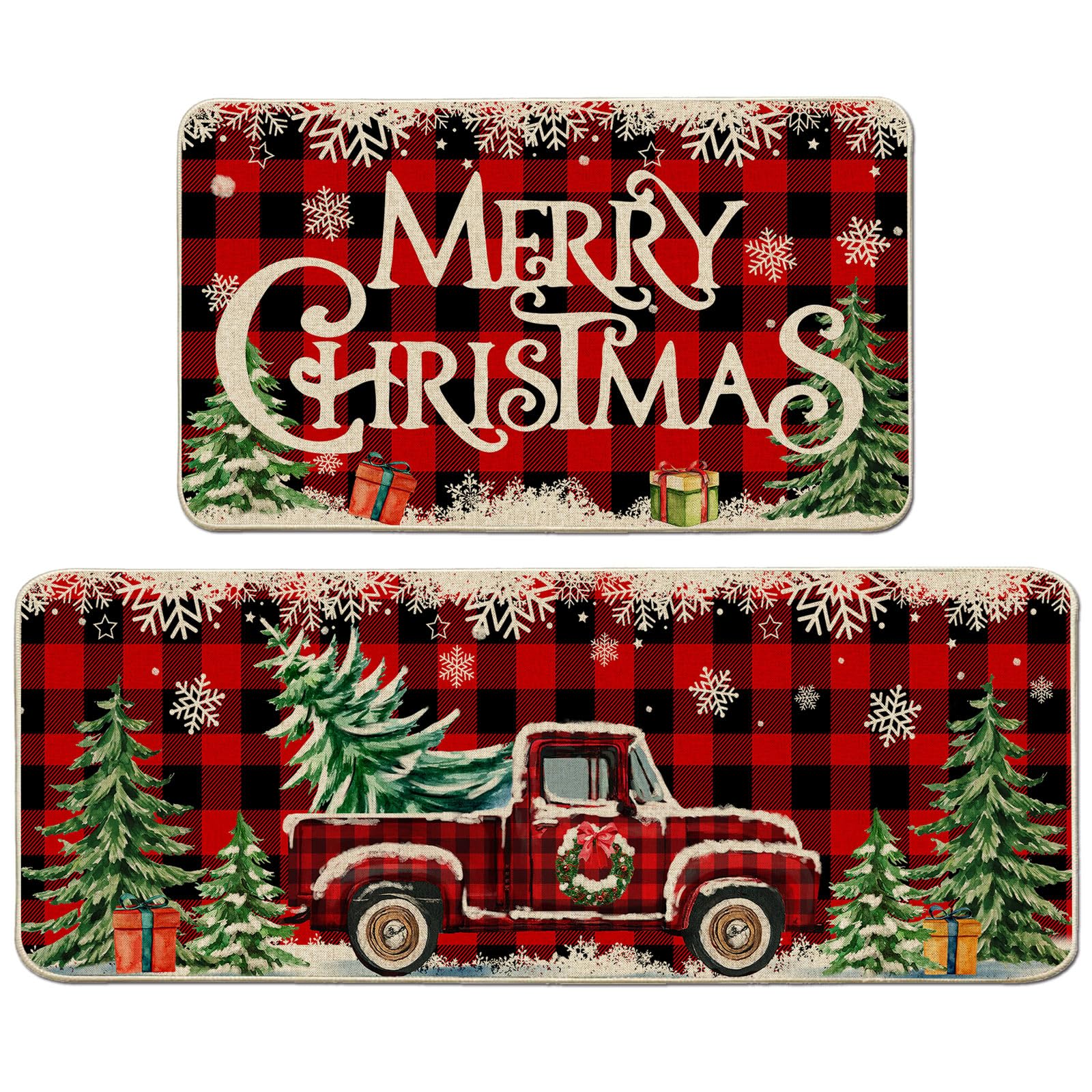 Cusugbaso Christmas kitchen mats 17x27 front view, spacious non-slip surface for busy cooks.