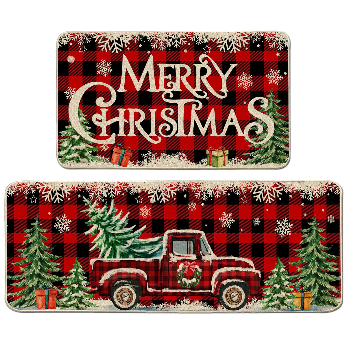 Cusugbaso Christmas kitchen mats 17x27 front view, spacious non-slip surface for busy cooks.