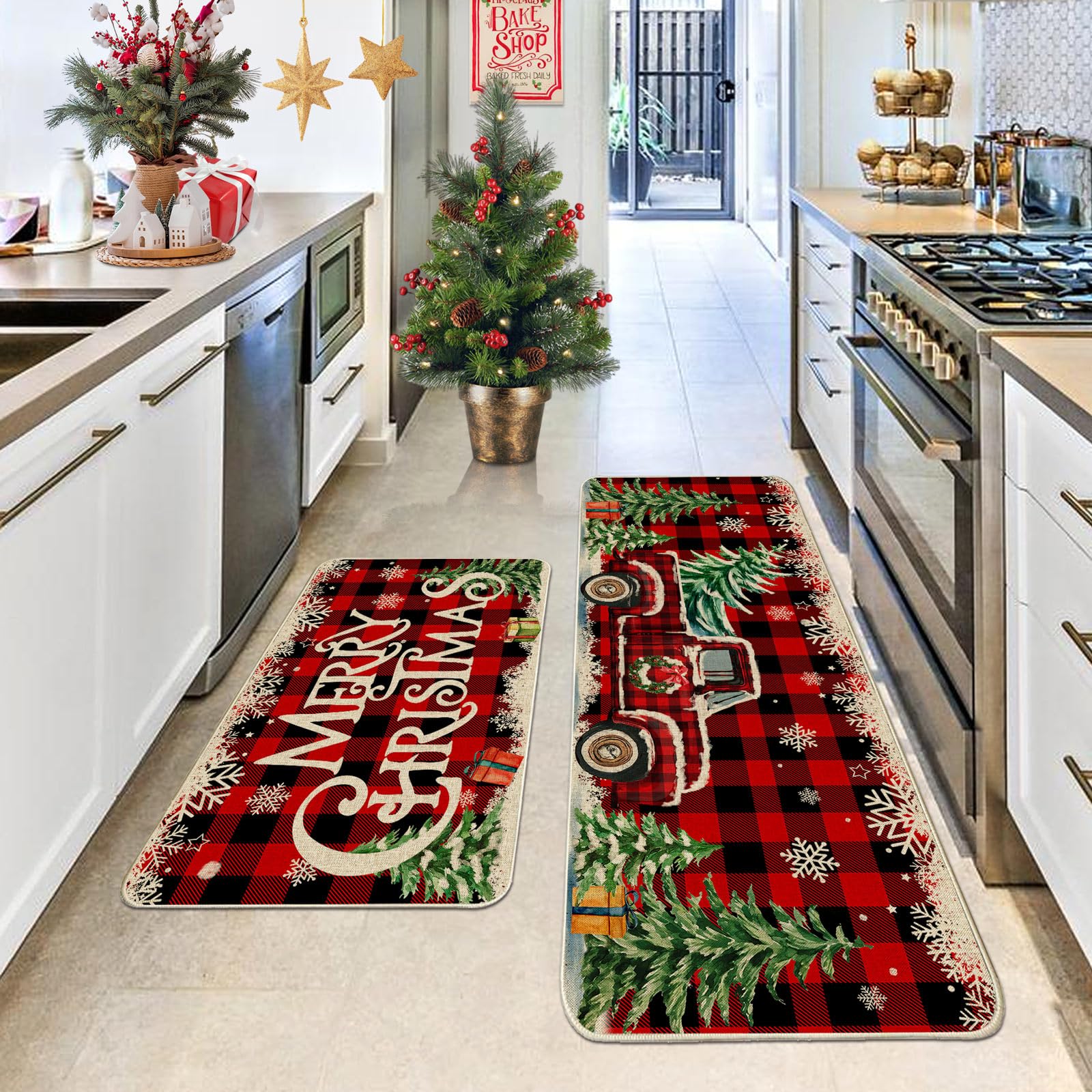 Cusugbaso Christmas kitchen rug 17x47 side view, durable runner for hallways.