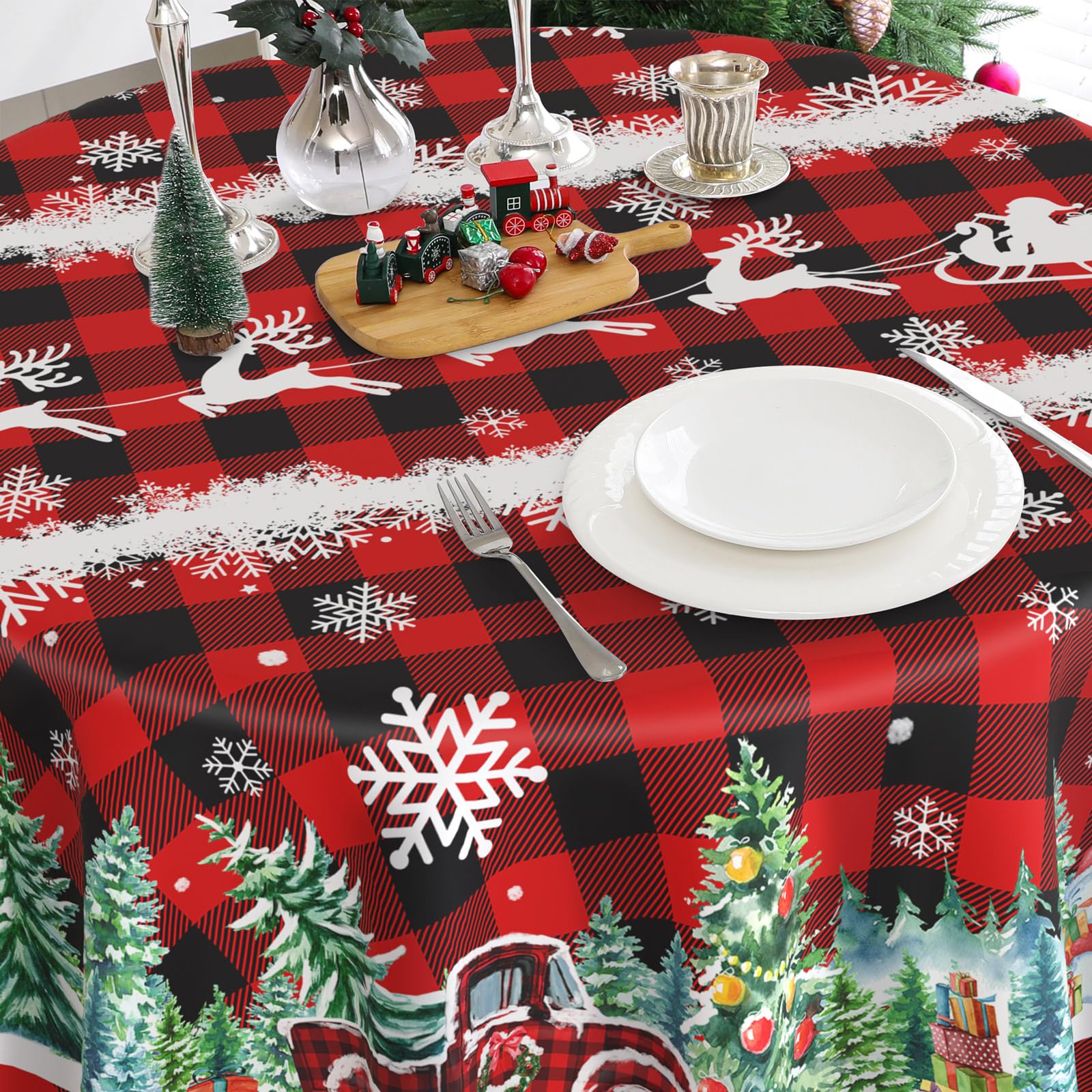 Cusugbaso 70-inch round tablecloth for 4-6 seat dining setup.