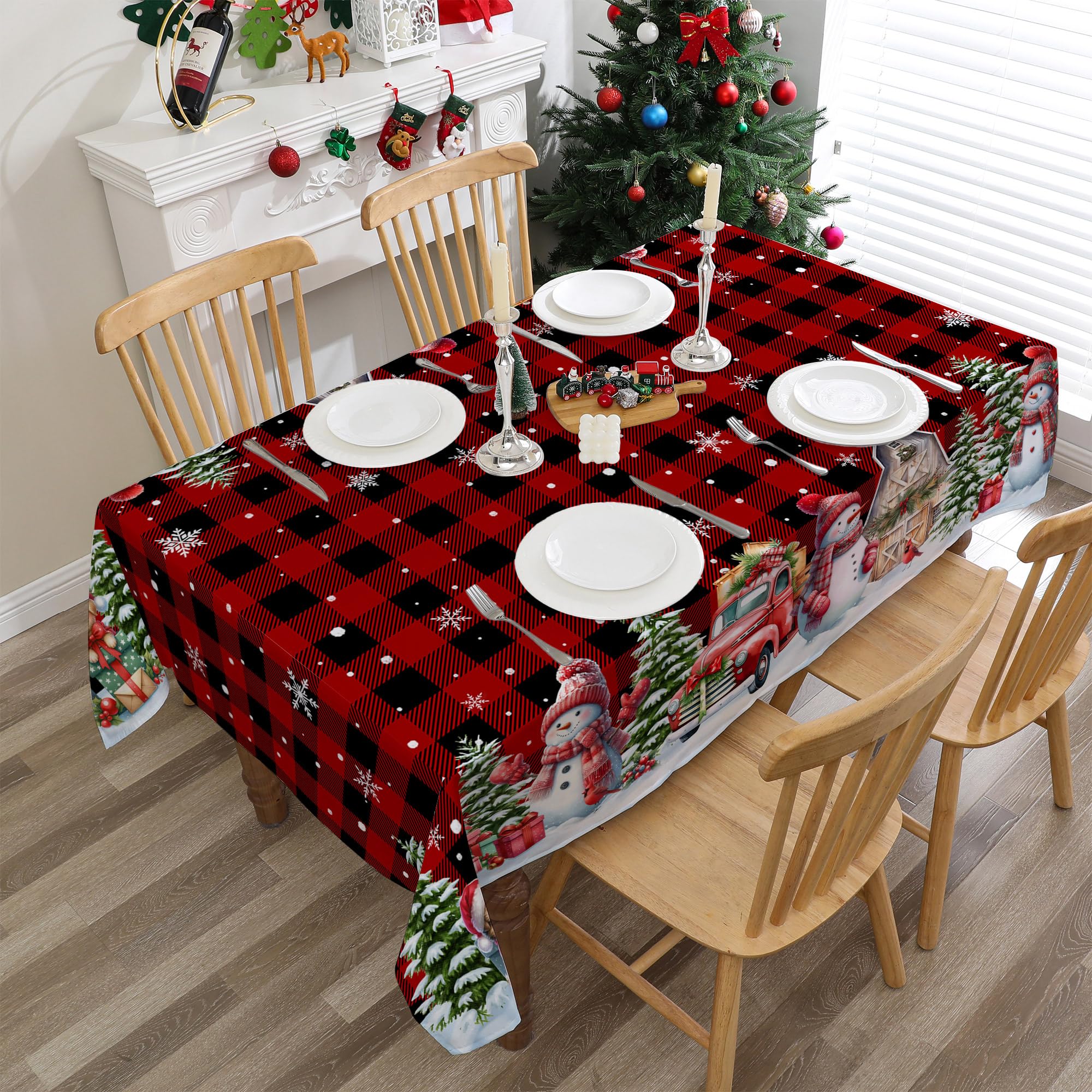 Cusugbaso red buffalo plaid tablecloth enhances holiday table settings for gatherings.