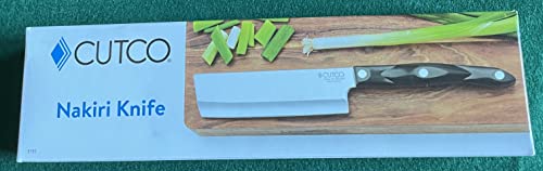 Cutco Nakiri knife wide blade moves food from board to pan.