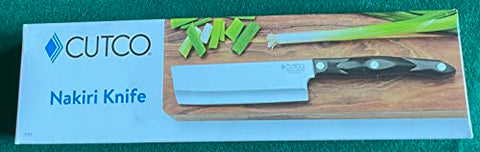 Cutco Nakiri knife wide blade moves food from board to pan.