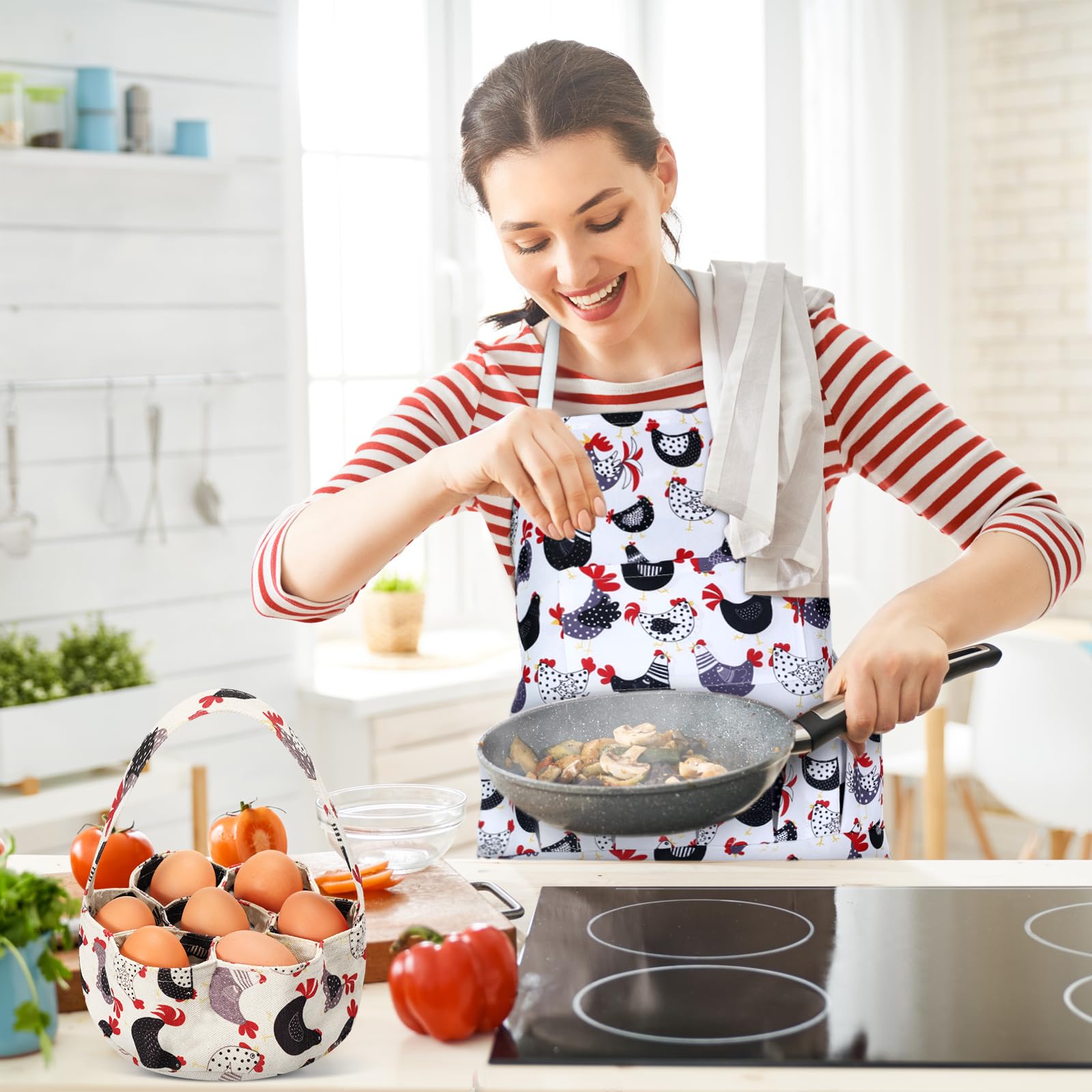 Cutecrop farmhouse apron long length shown for full coverage during chores.