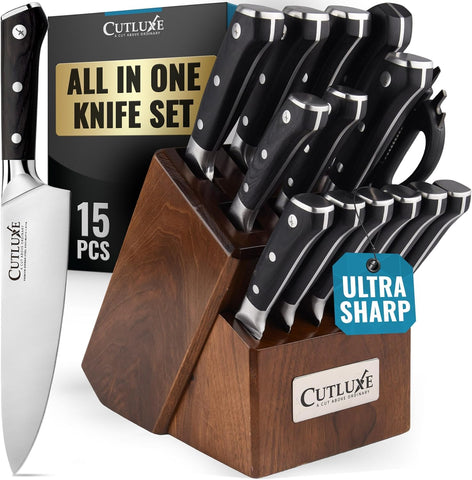 Cutluxe 15-piece knife set in walnut block for organized kitchen prep