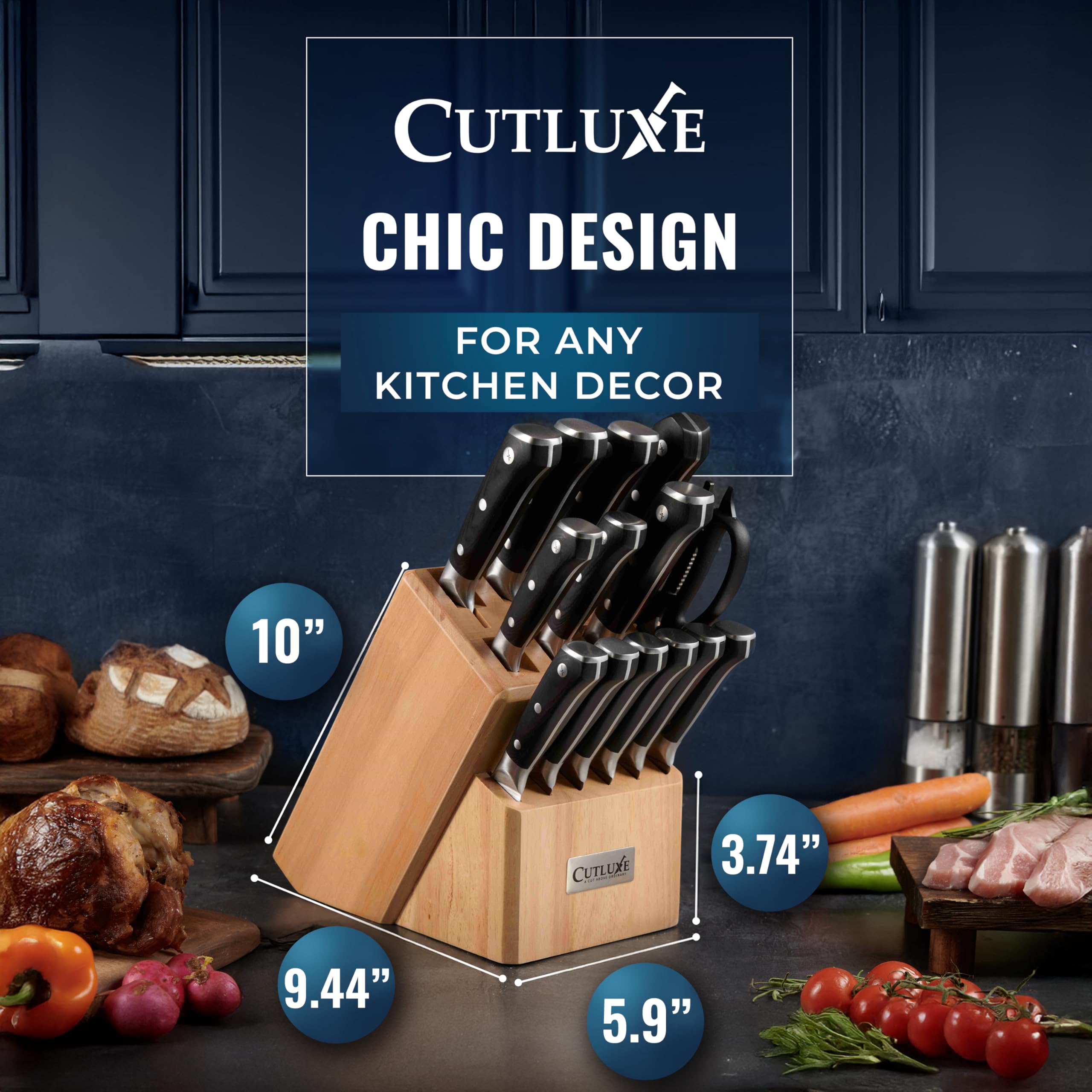 Cutluxe 8-inch chef knife in action with effortless chopping.