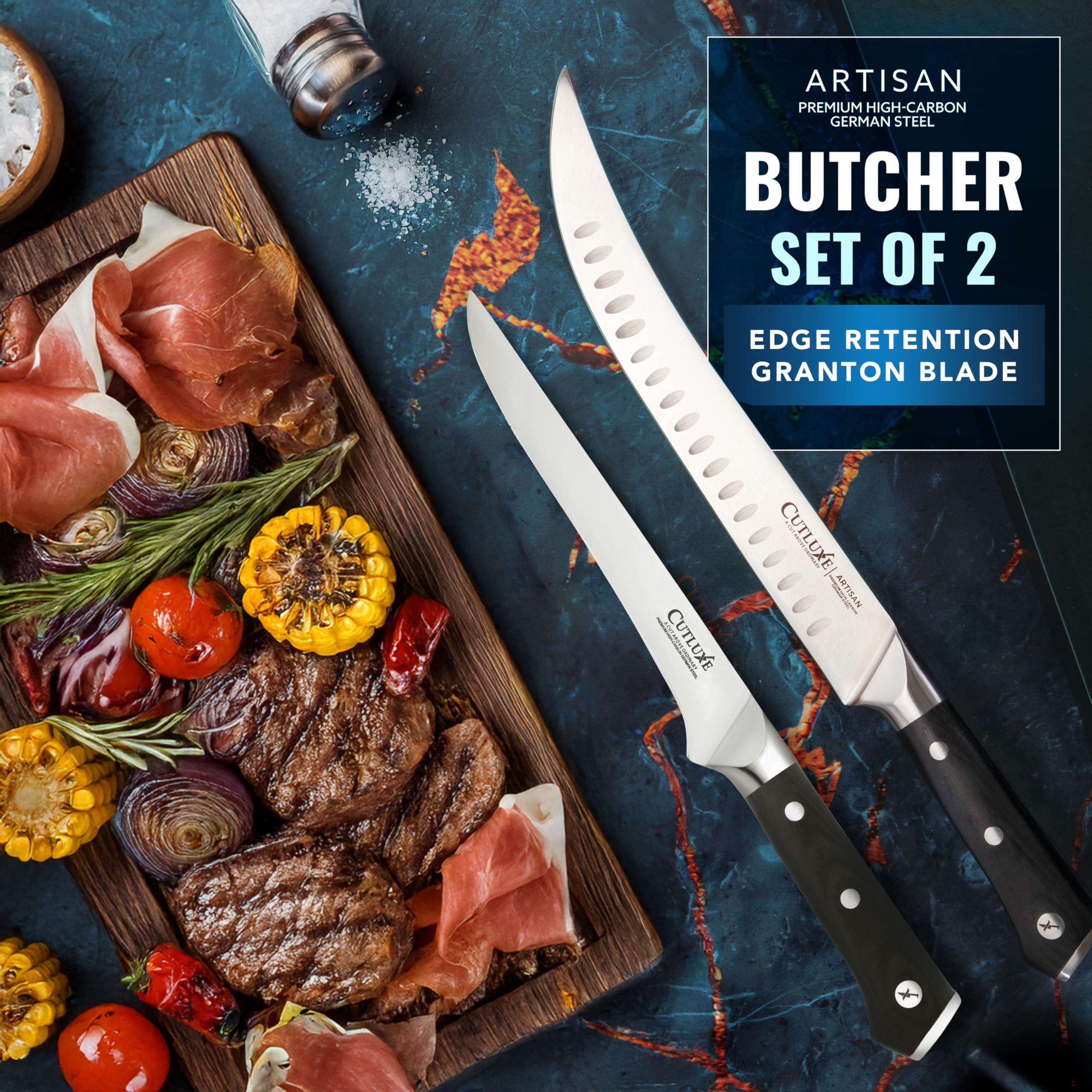 Cutluxe Artisan Series German steel blades for durable, sharp performance.