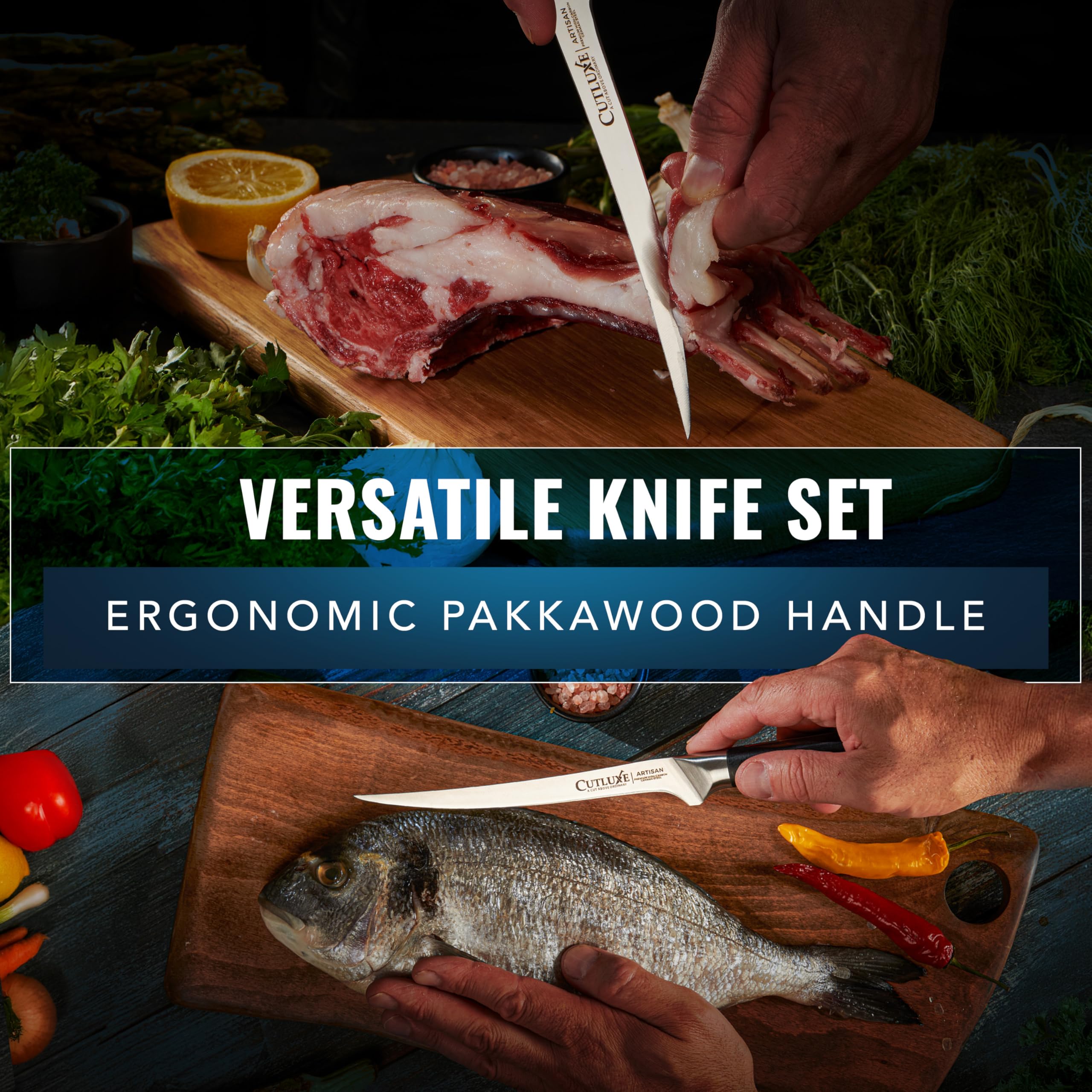 Kitchen display featuring Cutluxe craftsmanship and full tang stability
