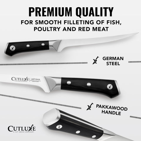 Cutluxe Artisan Series pakkawood handle closeup showing ergonomic grip