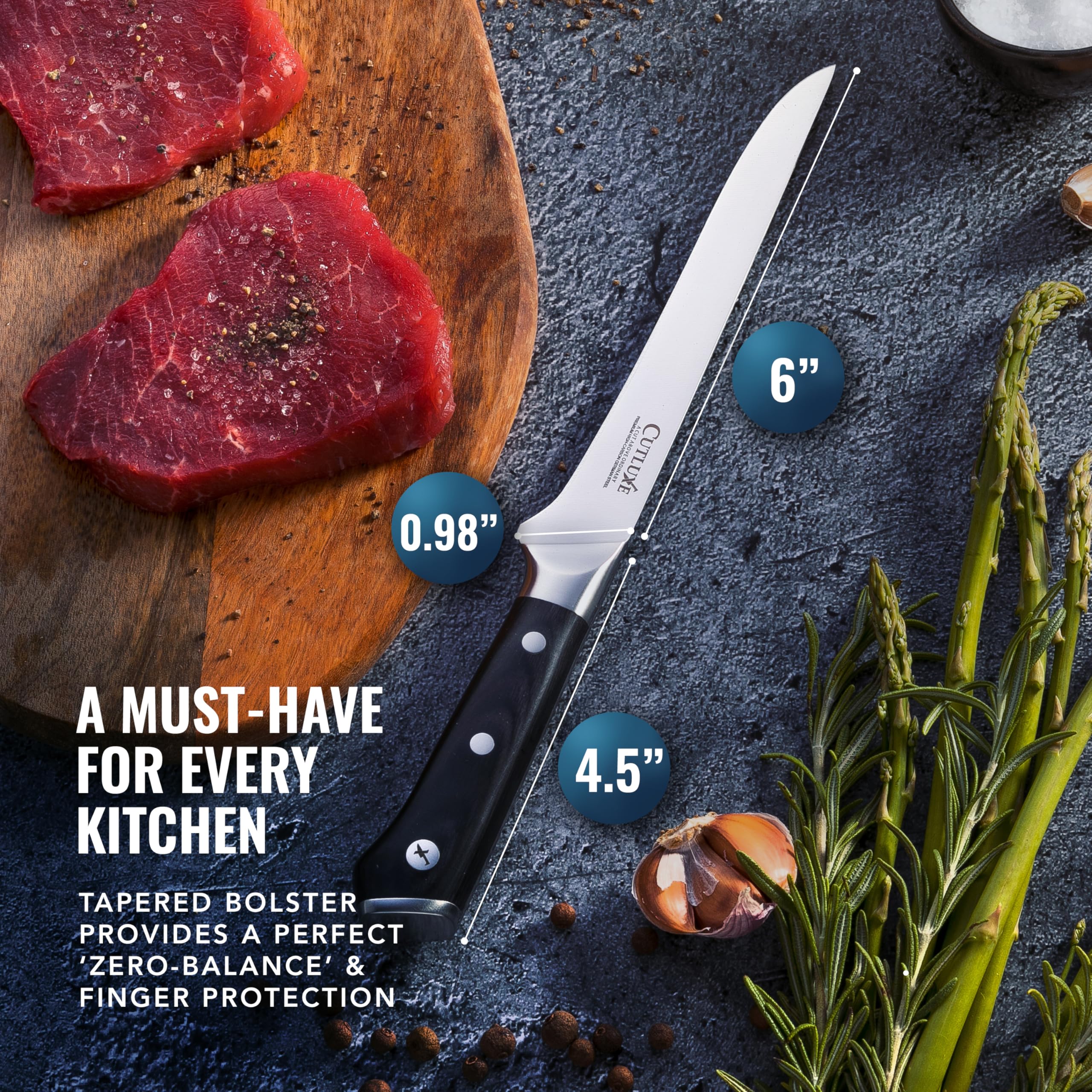 Cutluxe filleting-ready knife ready for precise seafood preparation.