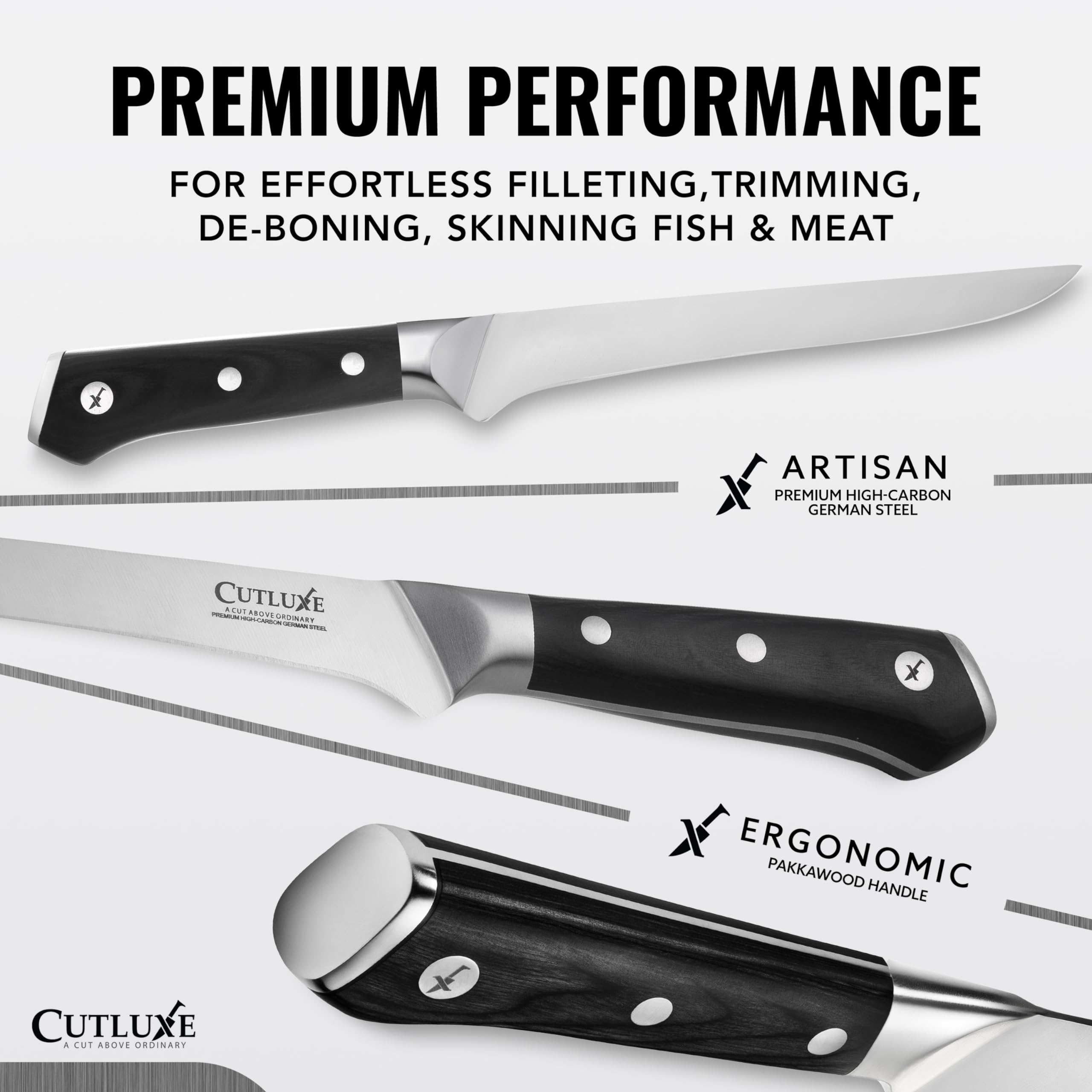 Cutluxe boning knife full-tang handle provides steady control during prep.