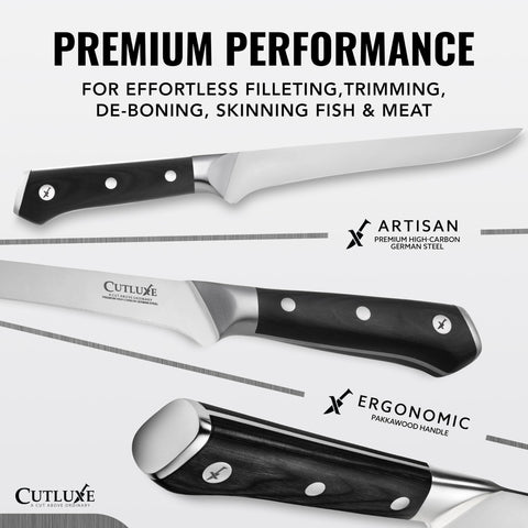 Cutluxe boning knife full-tang handle provides steady control during prep.