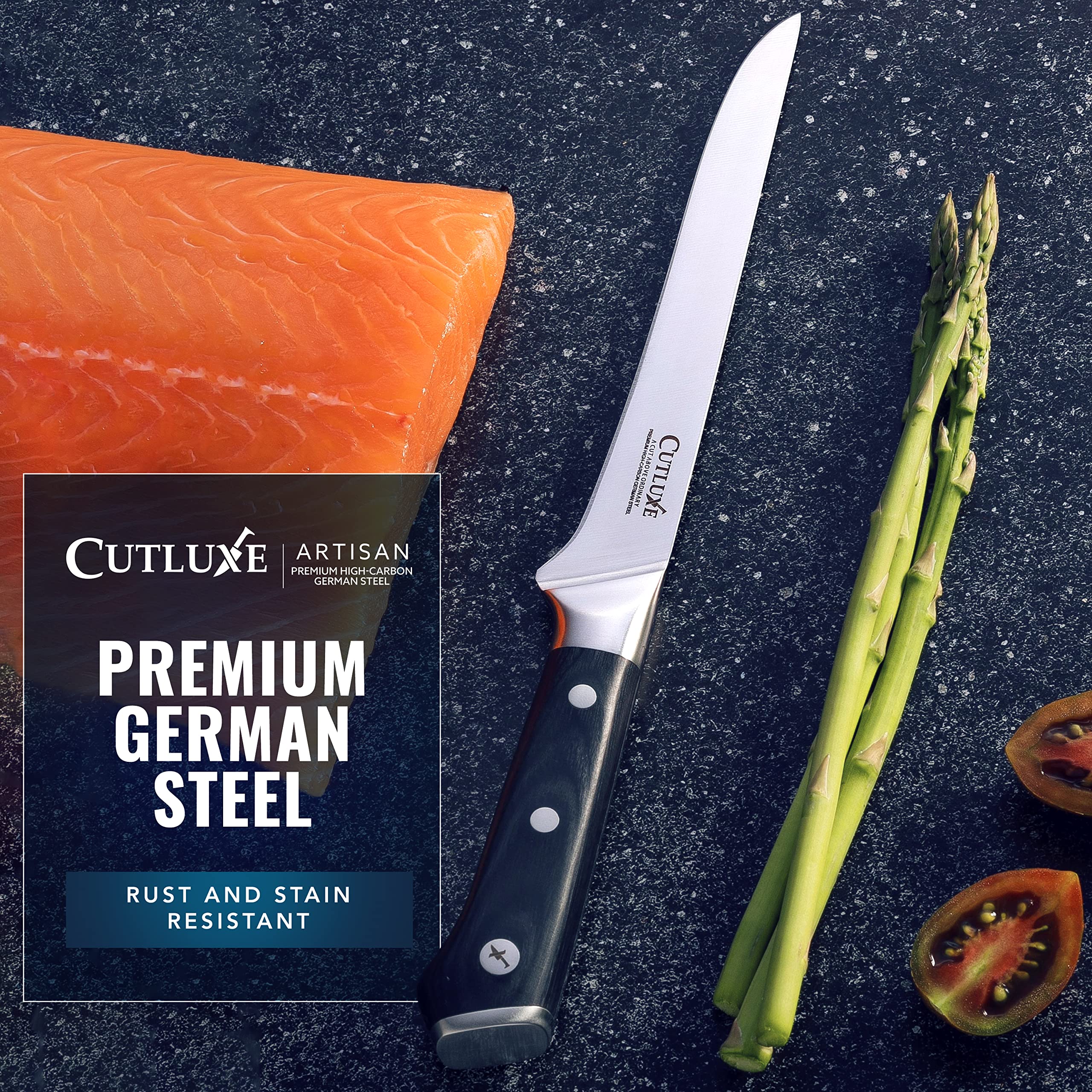 Cutluxe laminated handle design delivers sanitary, smooth cleaning and stable grip.