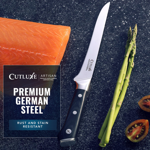 Cutluxe laminated handle design delivers sanitary, smooth cleaning and stable grip.