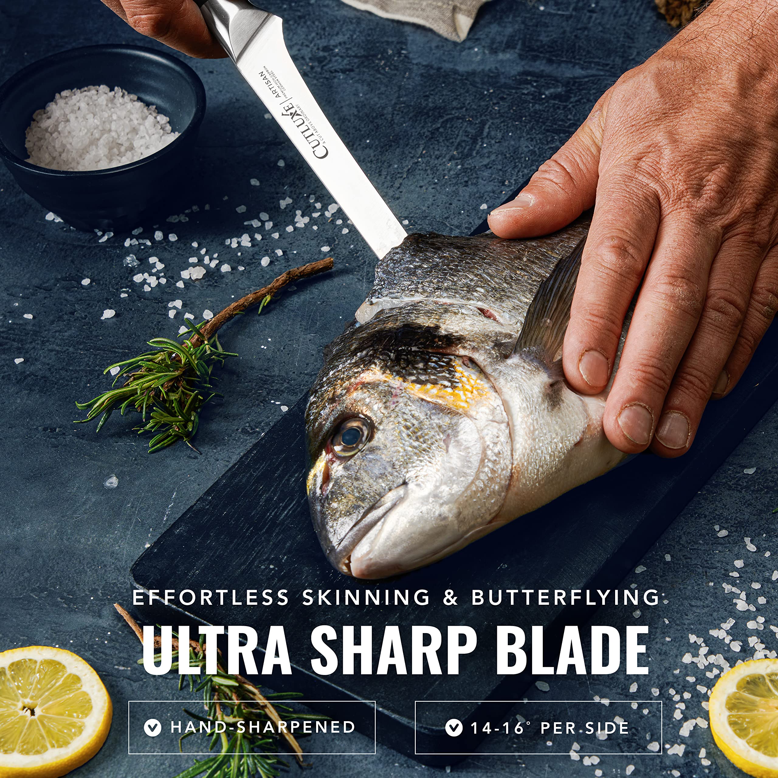 Cutluxe pakkawood grip enhances comfort and sanitizes easily.