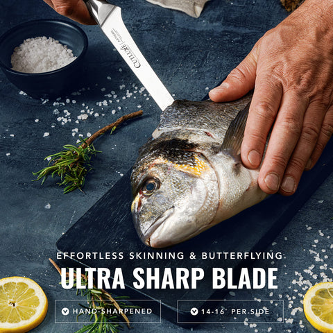 Cutluxe pakkawood grip enhances comfort and sanitizes easily.