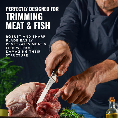 Cutluxe razor-sharp edge enables precise slicing of meat and fish.