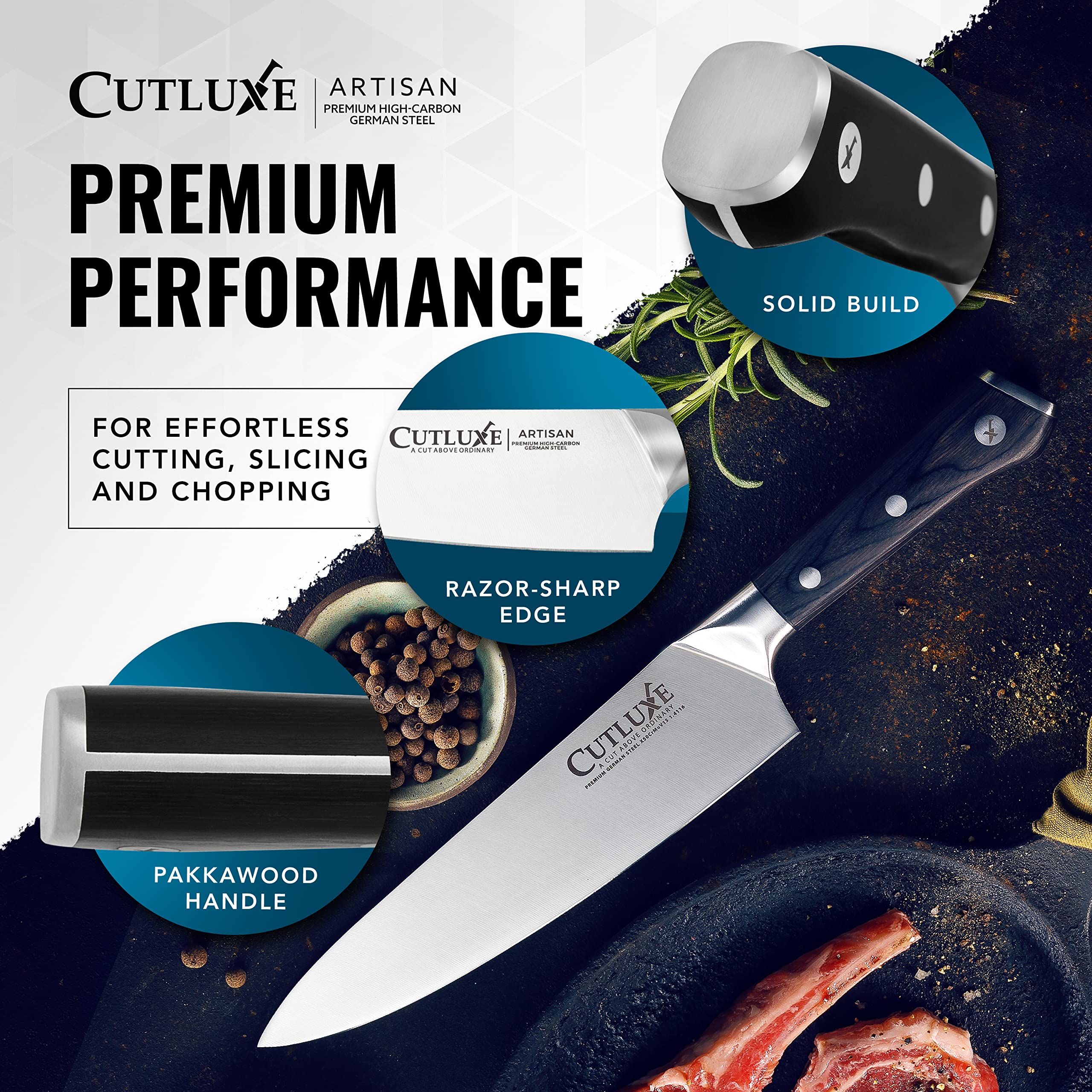 Cutluxe chef knife in kitchen setup lifestyle shot.