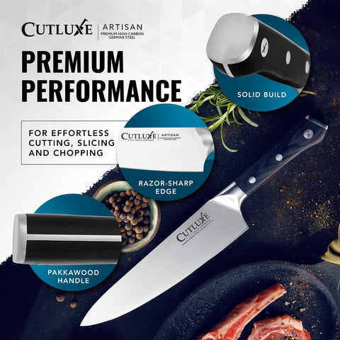 Cutluxe chef knife in kitchen setup lifestyle shot.