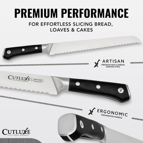 Cutluxe Bread Knife 10-inch blade highlighted for long, even slices of artisan loaves.
