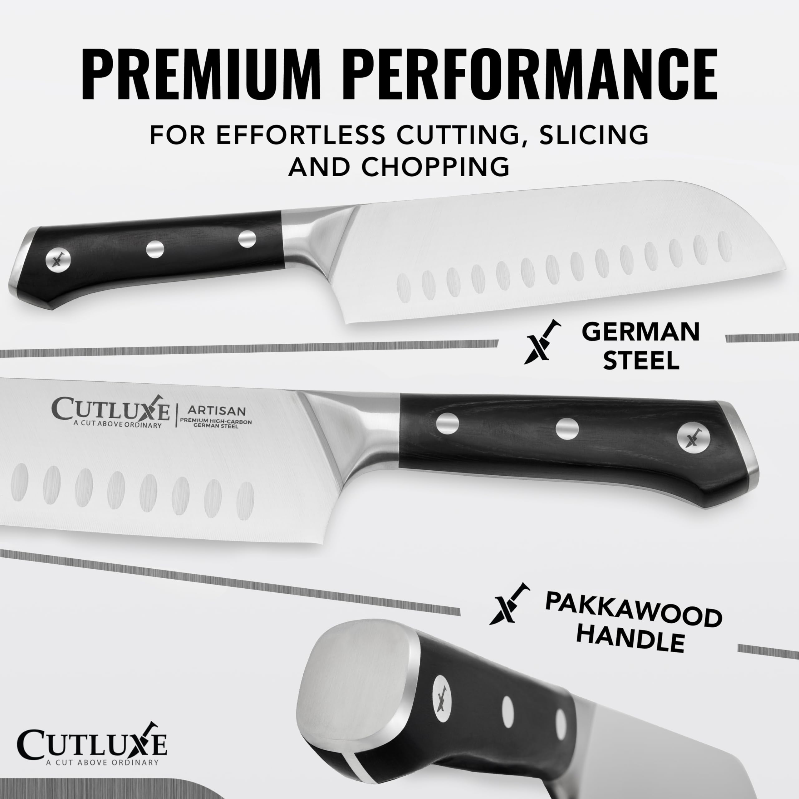 Cutluxe 8-inch bread knife with serrated edge cuts crusts smoothly.