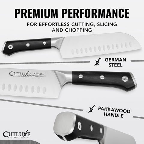 Cutluxe 8-inch bread knife with serrated edge cuts crusts smoothly.