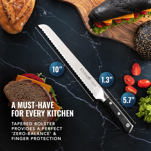 Cutluxe Bread Knife forged steel ensures rust resistance and long-lasting performance.