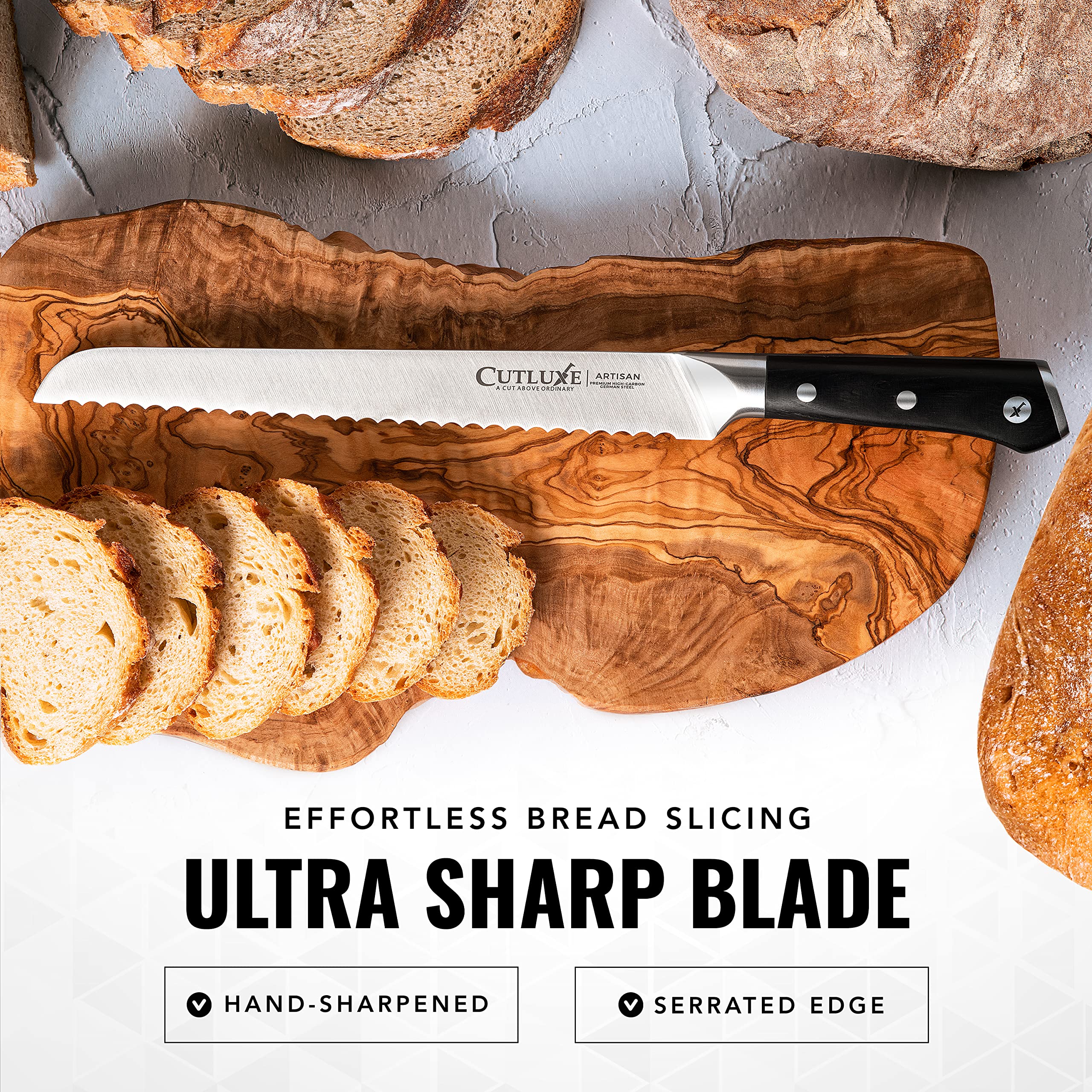 Cutluxe Bread Knife full tang handle demonstrates balance and control for comfortable slicing.