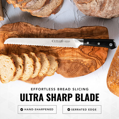 Cutluxe Bread Knife full tang handle demonstrates balance and control for comfortable slicing.